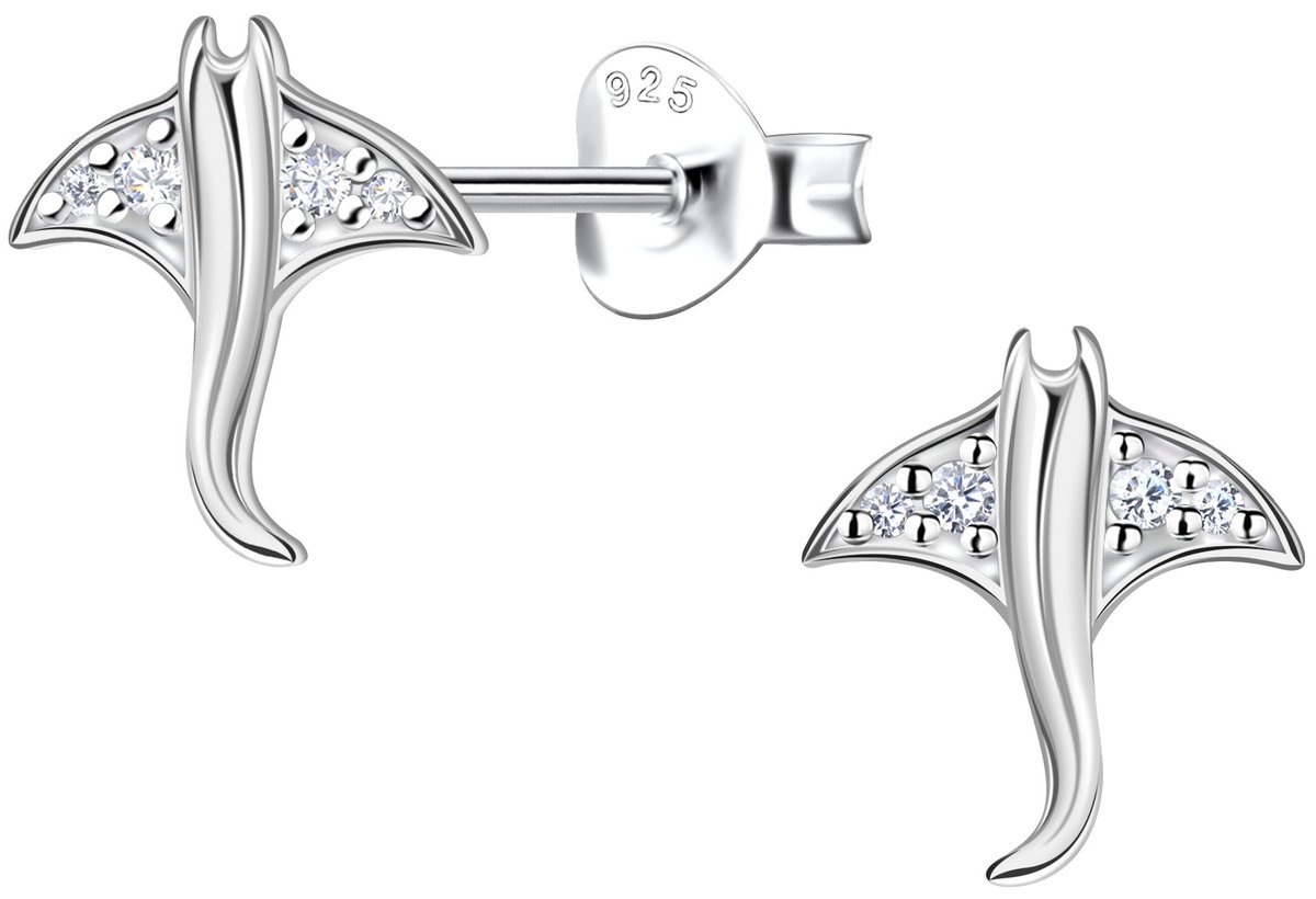 Joy|S - Zilveren pijlstaartrog oorbellen - 8 x 9 mm - zirkonia - gepolijst - sterling zilver 925 - stingray - rog - vis - zeedier / oceaan oorknoppen