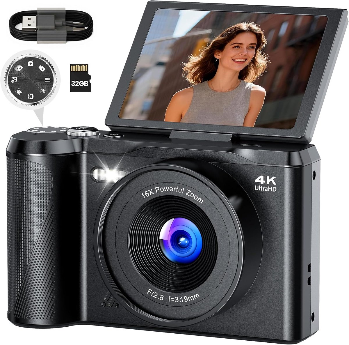 SnelShoppen - Digitale camera 4K Fotocamera 56MP met 3 inch 180° flip-scherm - Vlogcamera voor kinderen - Vintage fotocamera voor tieners 8-16 jaar -