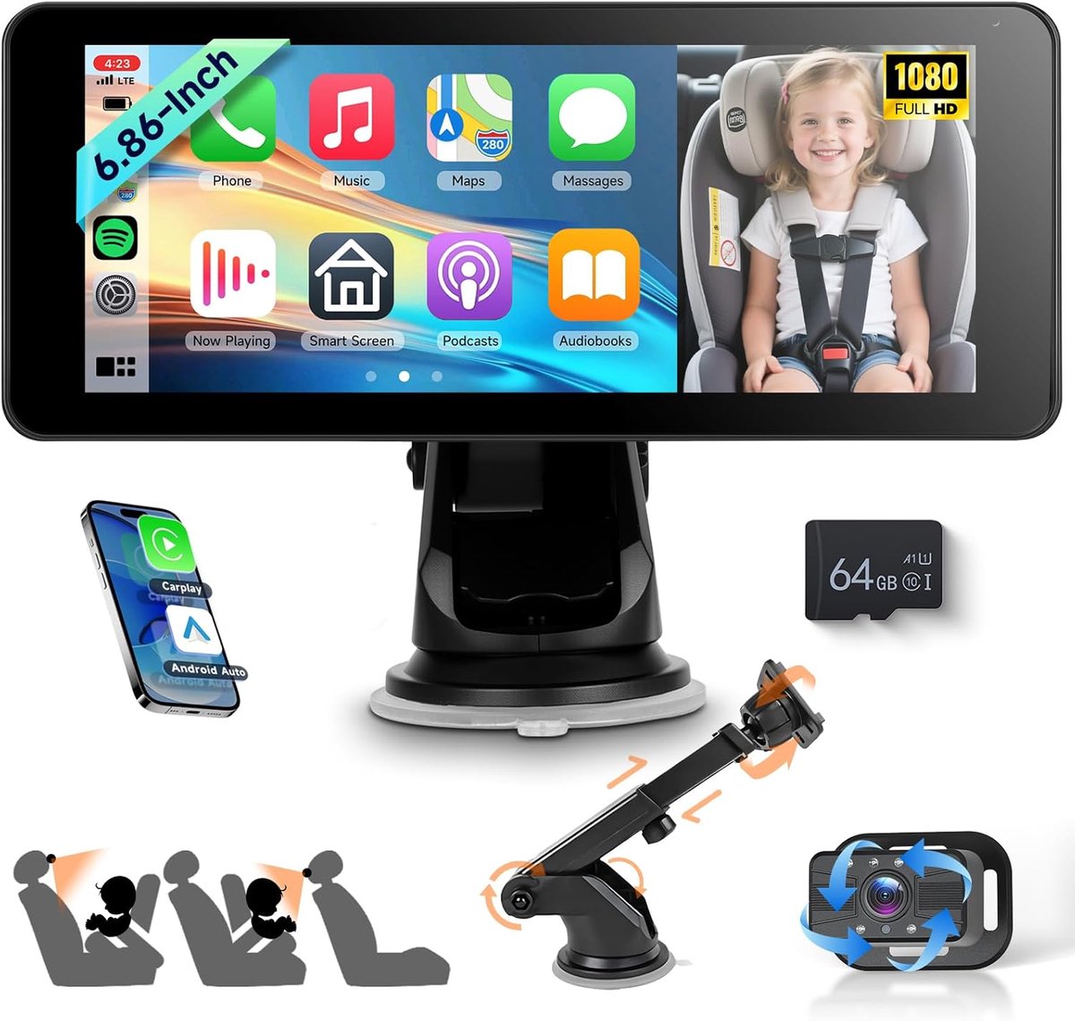 SnelShoppen - VECHTEL Dual Baby Autocamera voor 2 Kinderen met 6,86 Inch Gedeeld Scherm, HD 720P, Carplay, Android Auto, 360° Draaibaar Nachtzicht, Ve