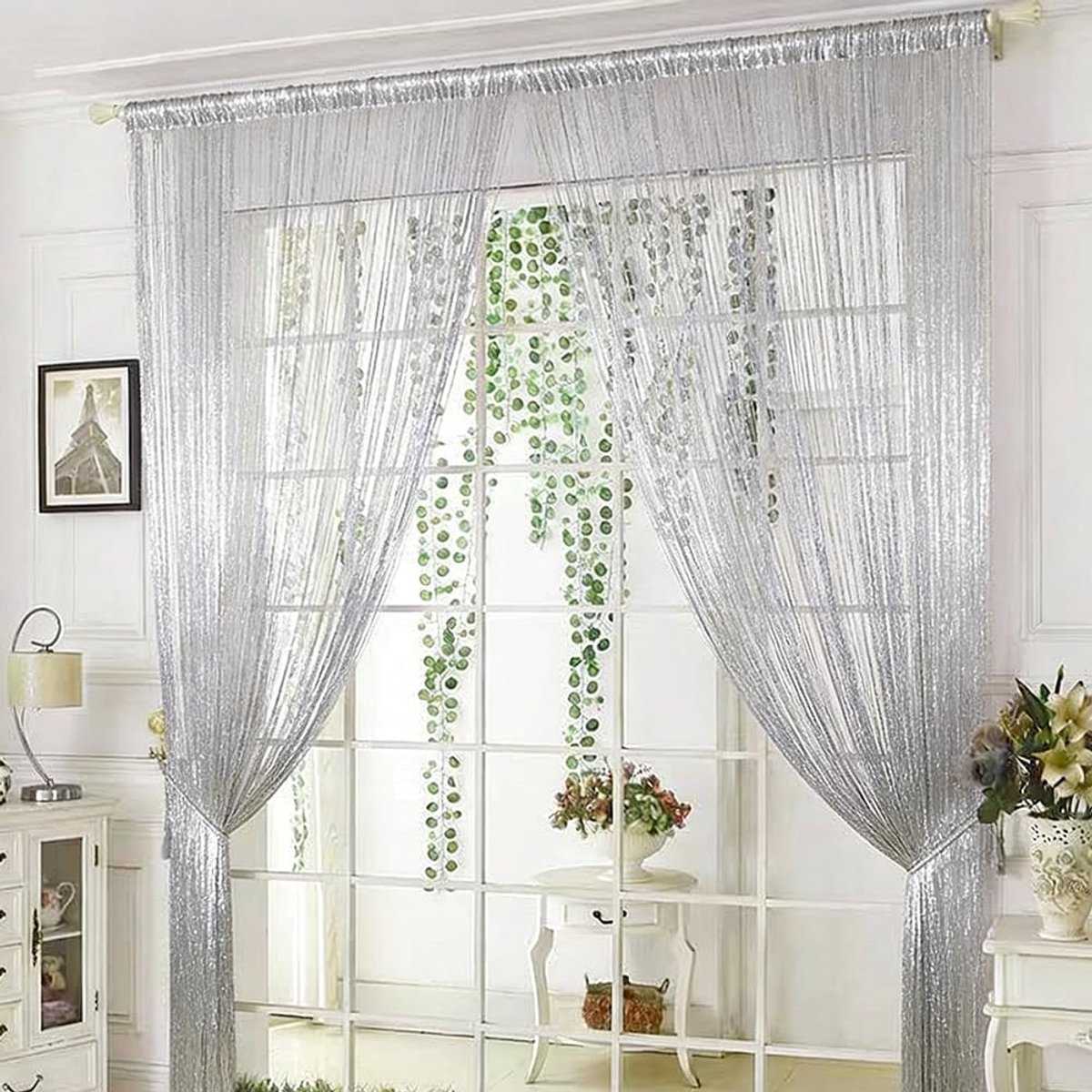 SnelShoppen - 4 Stuks Glitter Draad Gordijn - Wit - 100 x 200 cm Deurgordijn - Balkon Deur - Vliegenscherm - Franje Kamer Gordijn - Geschikt voor Brui