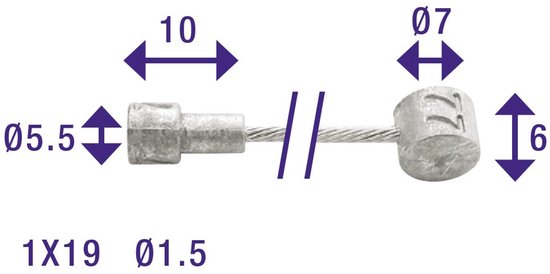 Zilverkleurige kabel met aan weerszijden metalen eindstukken. Afmetingen staan aangegeven: Ø5.5, 10, Ø7, 6, 1x19, Ø1.5.