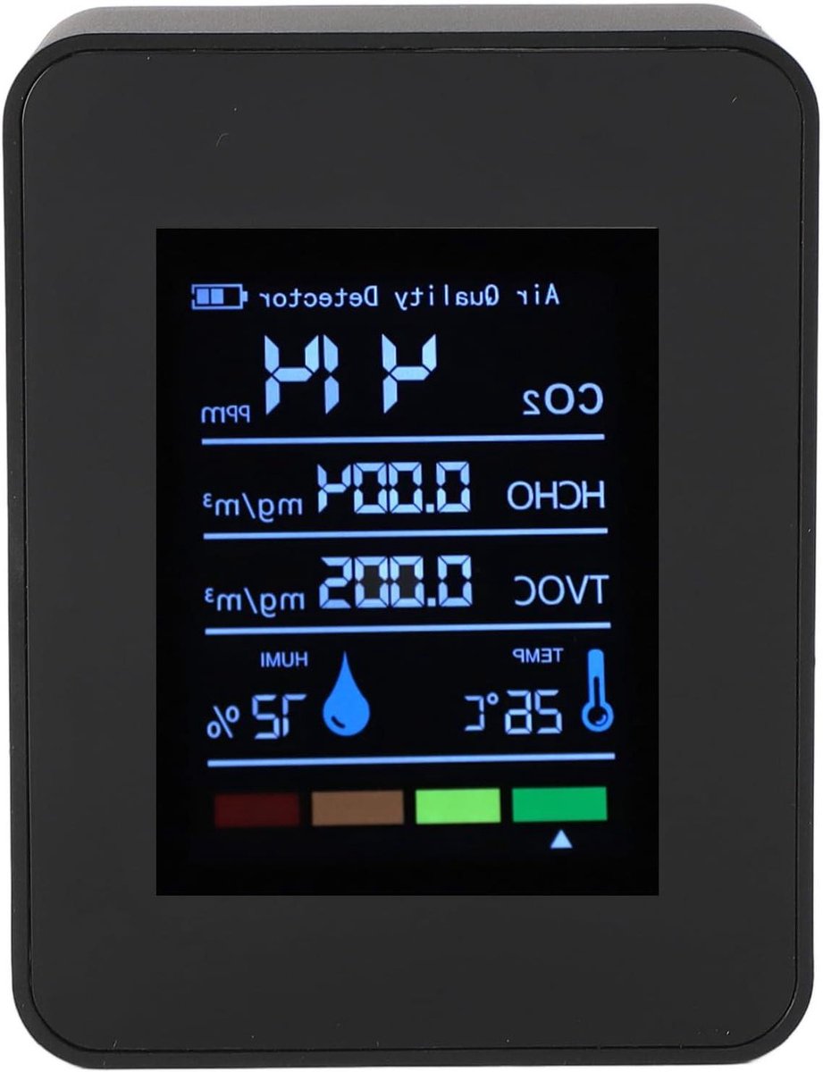 Luchtkwaliteit Tester - Detector CO2 - Binnenmilieu Controleren - Draagbaar Kleurendisplay - 1200 mAh Batterij - Zwart
