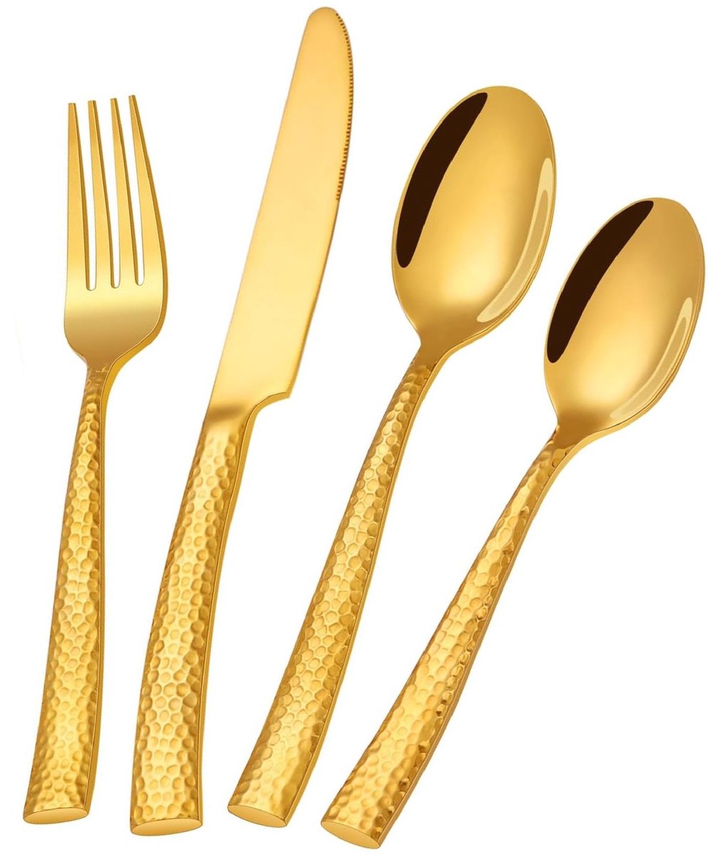 SnelShoppen - Gold Hammered Bestekset 24-delig RVS voor 6 Personen - Luxe Spiegel Bestek voor Diner, Feest, Thuis en Restaurant