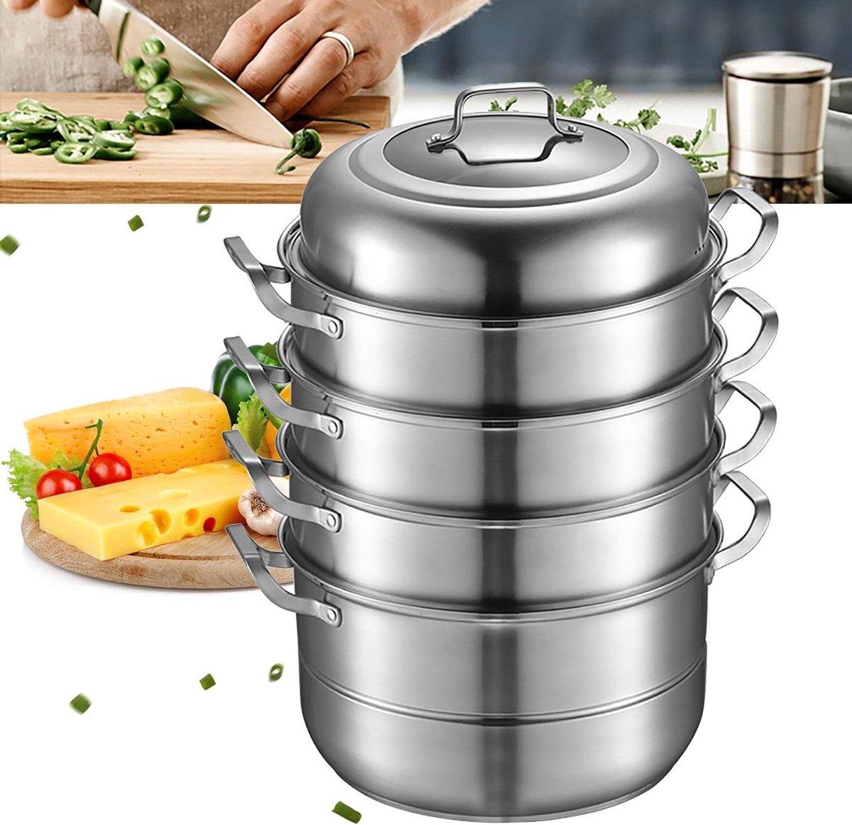Stoompan Roestvrij Staal - Couscous Pan - Gezond Koken - Vijf Lagen Capaciteit - 32 cm Diameter - Zilver