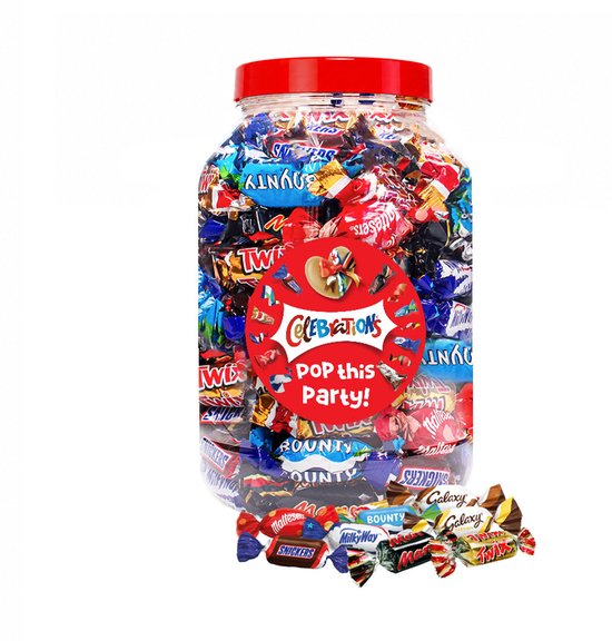 Mars Celebrations mega chocolademix met opschrift "Pop this party!" - chocolade van Twix, Snickers, Mars, Bounty, Maltesers, MilkyWay & Galaxy - 1200g