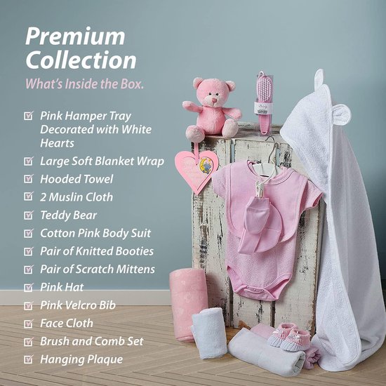 Cadeaumand Baby - Kraamcadeau Set - Babyshower Vieren - Compleet Samengesteld - 30 x 23 x 28.5 cm - Roze — afbeelding 4
