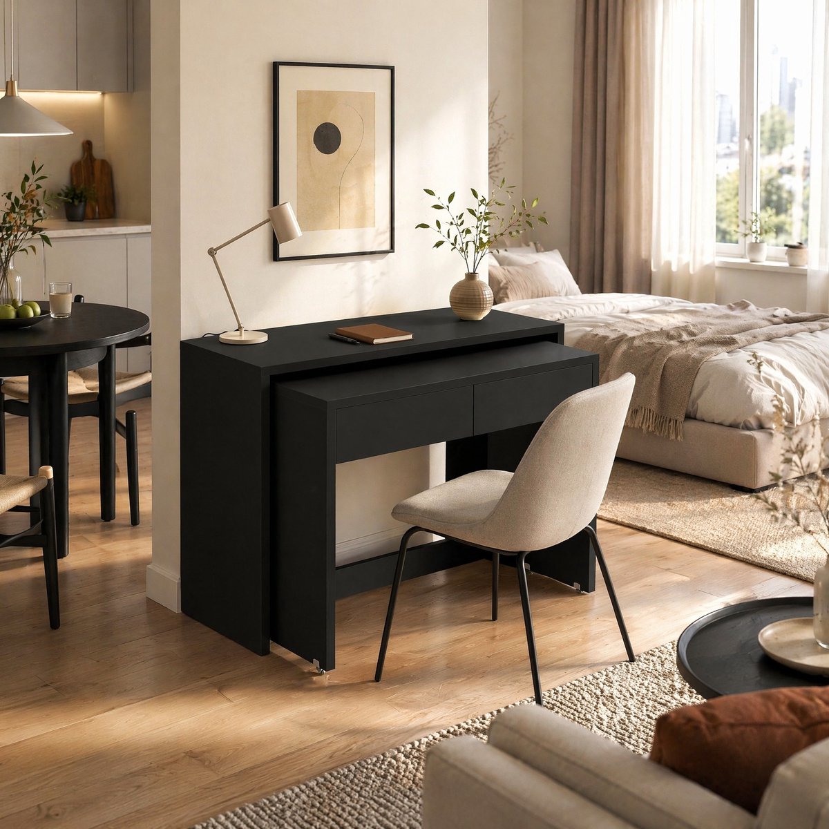 MODENUIT Bureau - Uittrekbaar 2-in-1 Met Lades En Wieltjes - Voor Thuis - Spaanplaat - Zwart - 110x40x78 Cm