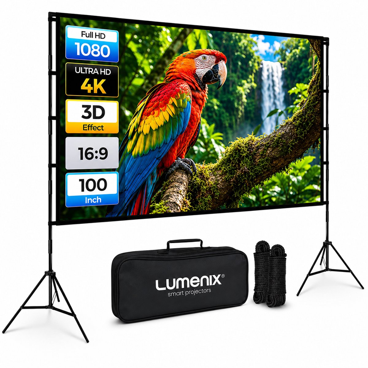 Lumenix Beamer Scherm met Statief - Projectiescherm met Statief - 100 Inch - 16:9 - Inclusief Draagtas - Binnen en Buiten - Wit