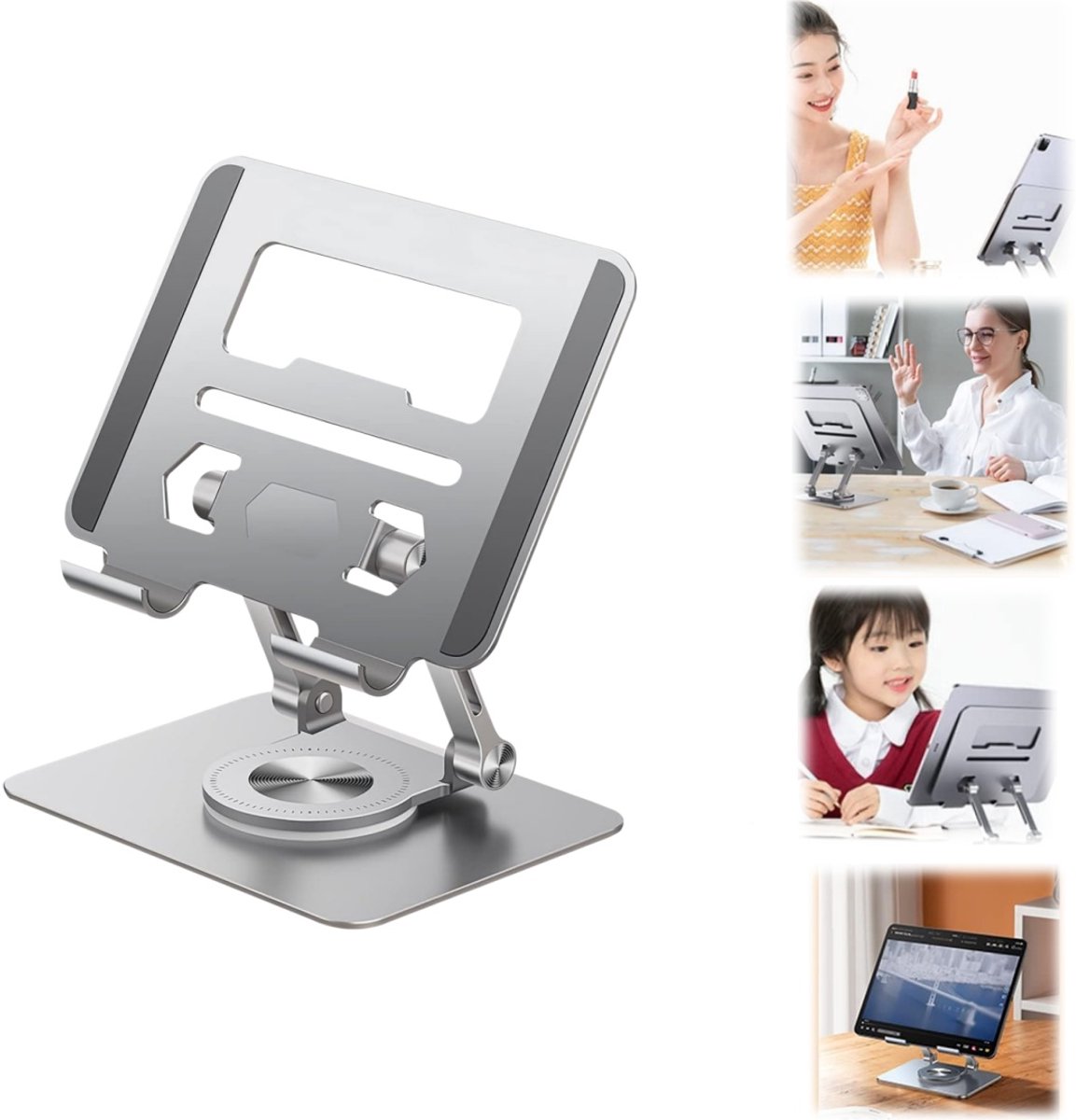 Tabletstandaard - Laptopstandaard - Telefoonstandaard - Laptopkoelbasis - Draaibare standaard van aluminiumlegering - Met siliconen antislipkussen - Opvouwbaar - In hoogte verstelbaar - Voor telefoons, tablets, e-readers (zilver - 15*13*17 cm)