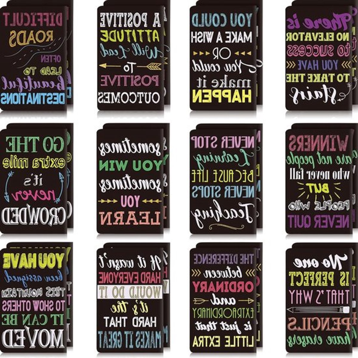 24 Stuks Inspirerende Notitieblokken - Mini Motivatie Notebooks voor School, Kantoor en Reizen - Perfecte Cadeau Accessoires in 12 Stijlen (Zwart)