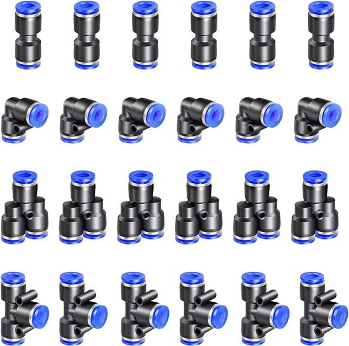 Persluchtkoppelingen Set: 24-delig, 6 splitters, 6 ellebogen, 6 T-stukken, 6 rechte koppelingen - OD 12 mm