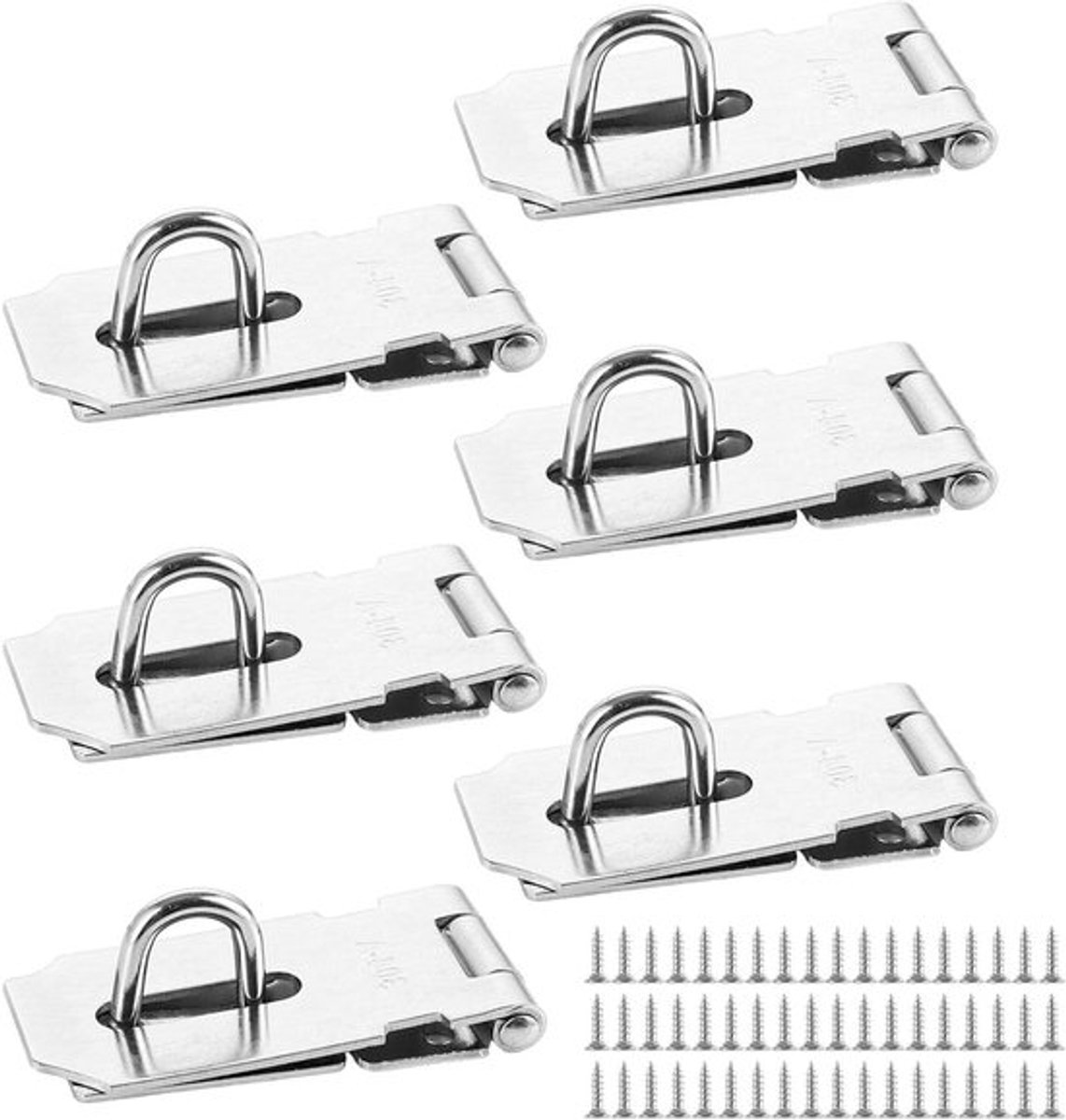 Hangslot haakse grendel van 80 mm, roestvrijstalen overvalslot met schroeven voor kasten en deuren - set van 6stuks