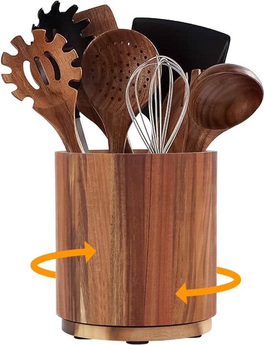 Draaibare Keukenbestekhouder, 360° Draaiende Bestek Organizer voor Aanrecht, Houten Bestekhouder met Ruimte voor Bestek en Keukengerei, 15x16,7 cm (Rond)