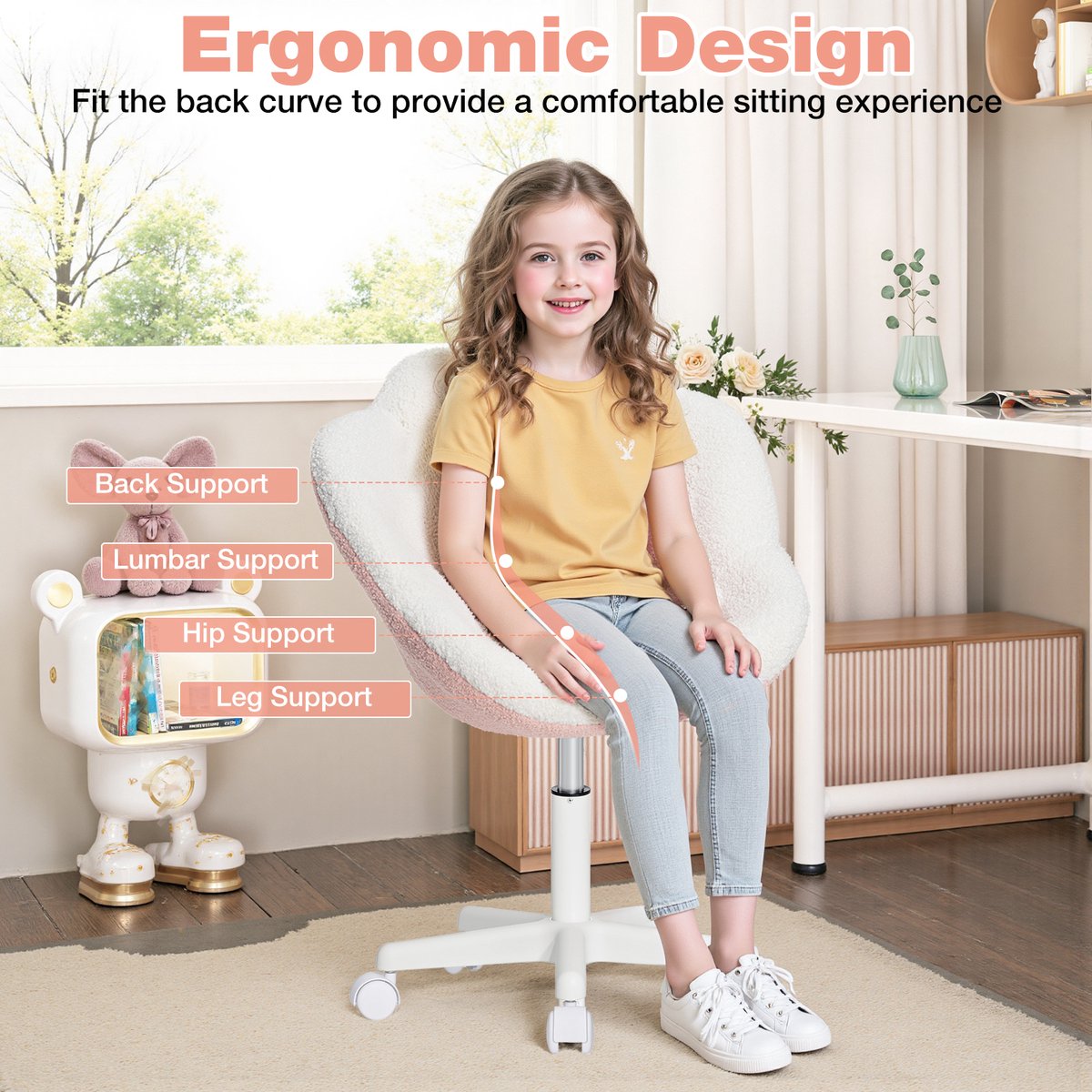 HOFFREE Kinder Bureaustoel Bloemvorm – Verstelbare Draaistoel voor Kinderen – Ergonomische Kinderstoel met Bouclé Bekleding en Lendenkussen – Roze/Wit – foto 3