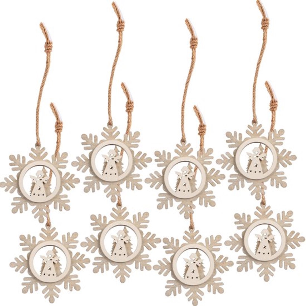 Kersthangers Set van 8 - Houten Kerstdecoratie - Meerlaags 3D-effect - Hangornamenten - Boomversiering - Diameter 10 cm