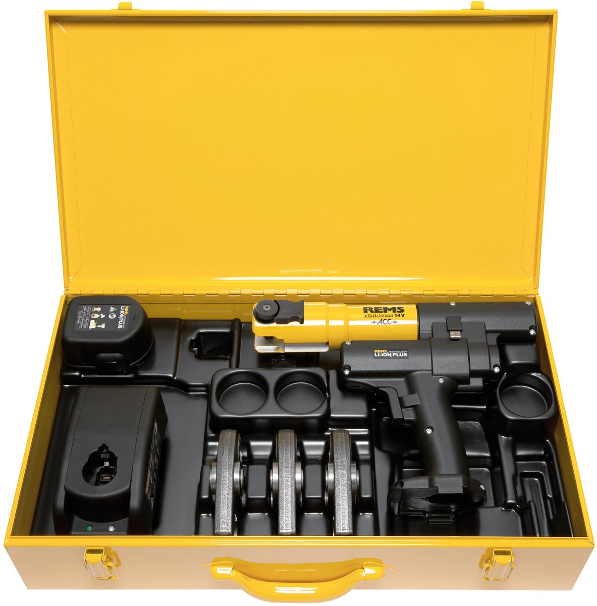 SnelShoppen - Mini-Press M Radiaalpersset met Li-Ion Accu in Koffer en 3 Kaken M15-18-22, Staal, Compact voor Thuisgebruik, Geel