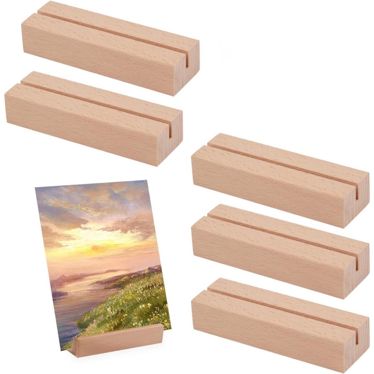GELLDG 5 Stuks Tafelkaarthouder - Fotohalter met Handige Greepgleuf - 10x3x2cm Houten Kaartenstandaard met 1mm Schroefgroef - Geschikt voor Tafelkaarten, Fotokaarten en Postkaarten - Hout - Zonder Accessoires