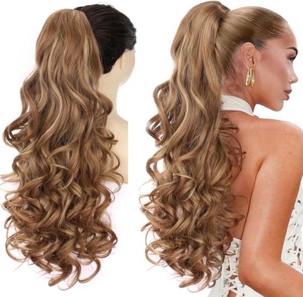 Clip-in Ponytail Haarverlenging - Lange Krullende Golfende Ponytail voor Dames - 66 cm, Lichtbruin met hooglichten