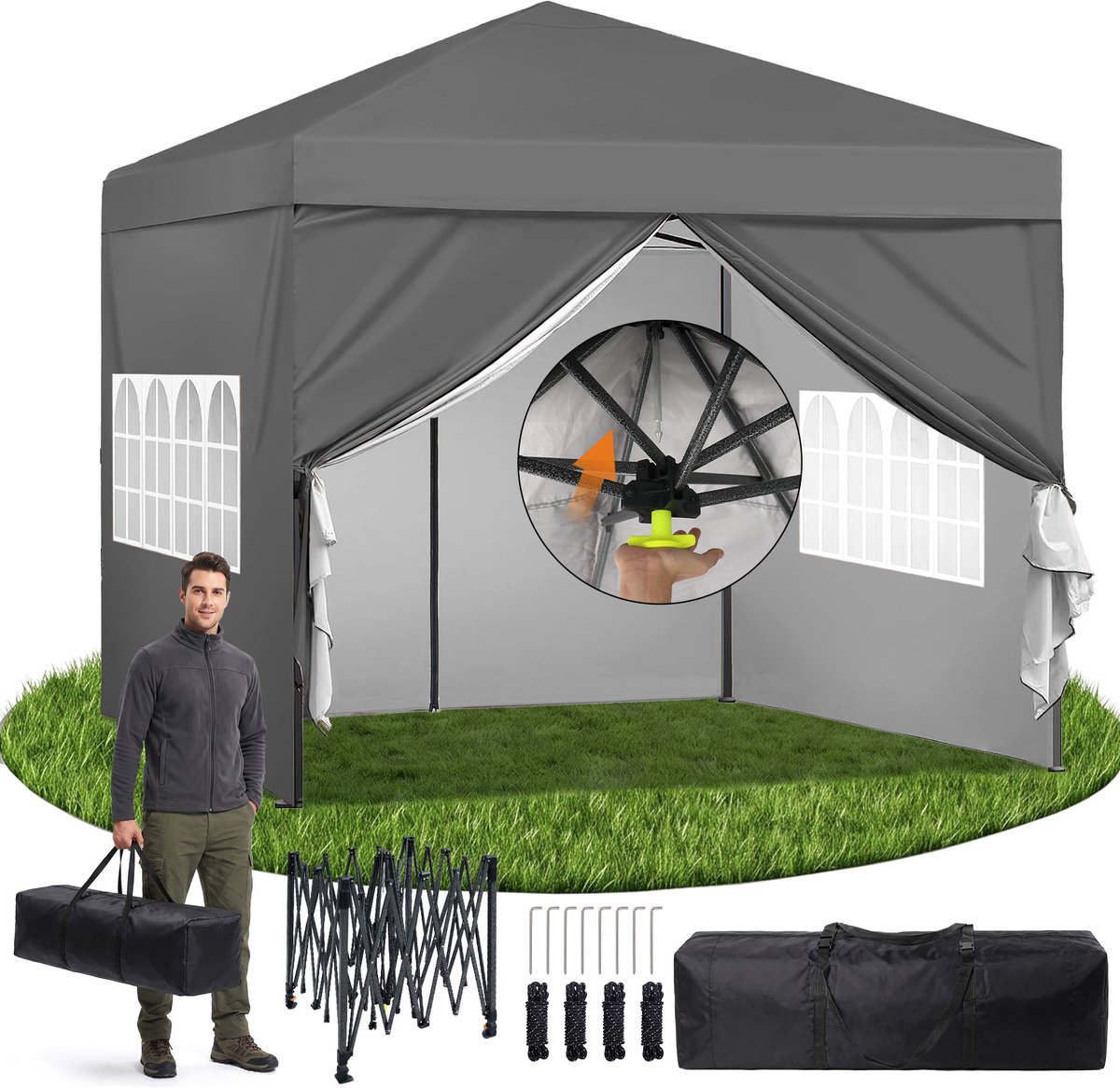 DAITORE - Partytent - 2.95x2.94m - Opvouwbaar Paviljoen - Metaalframe - Easy Up -UV-bestendig Waterdicht en sneeuwbestendig - met Zijwanden en opbergtas - oor kamperen, feesten en feestjes - Grijs