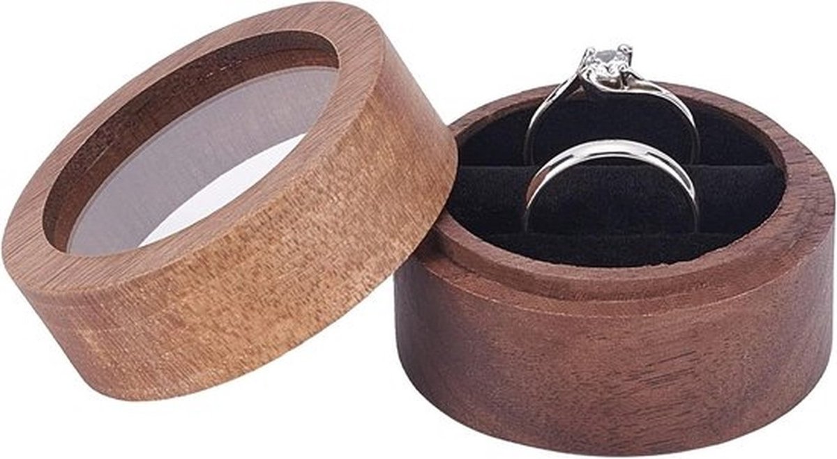 Houten Ringendoos met Venster - Walnoot, Ronde Organizer - Zwart Fluweel - Voorstel, Verloving, Verjaardag
