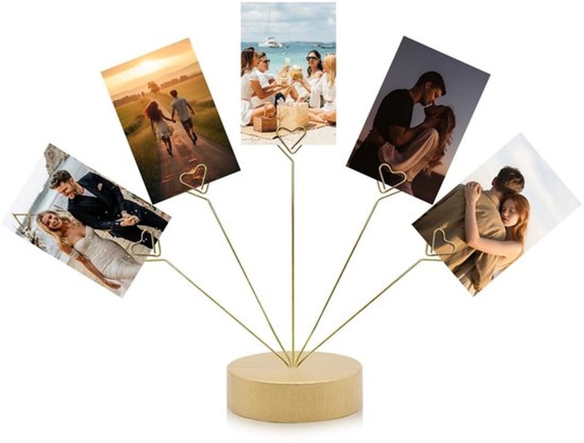 Fotostandaard Hartvormig - Fotodisplay met Vijf Clips - Cadeauboomhouder - Ronde Voet - Stevig Hout - Geschikt voor Feestdagen - Fotohouder