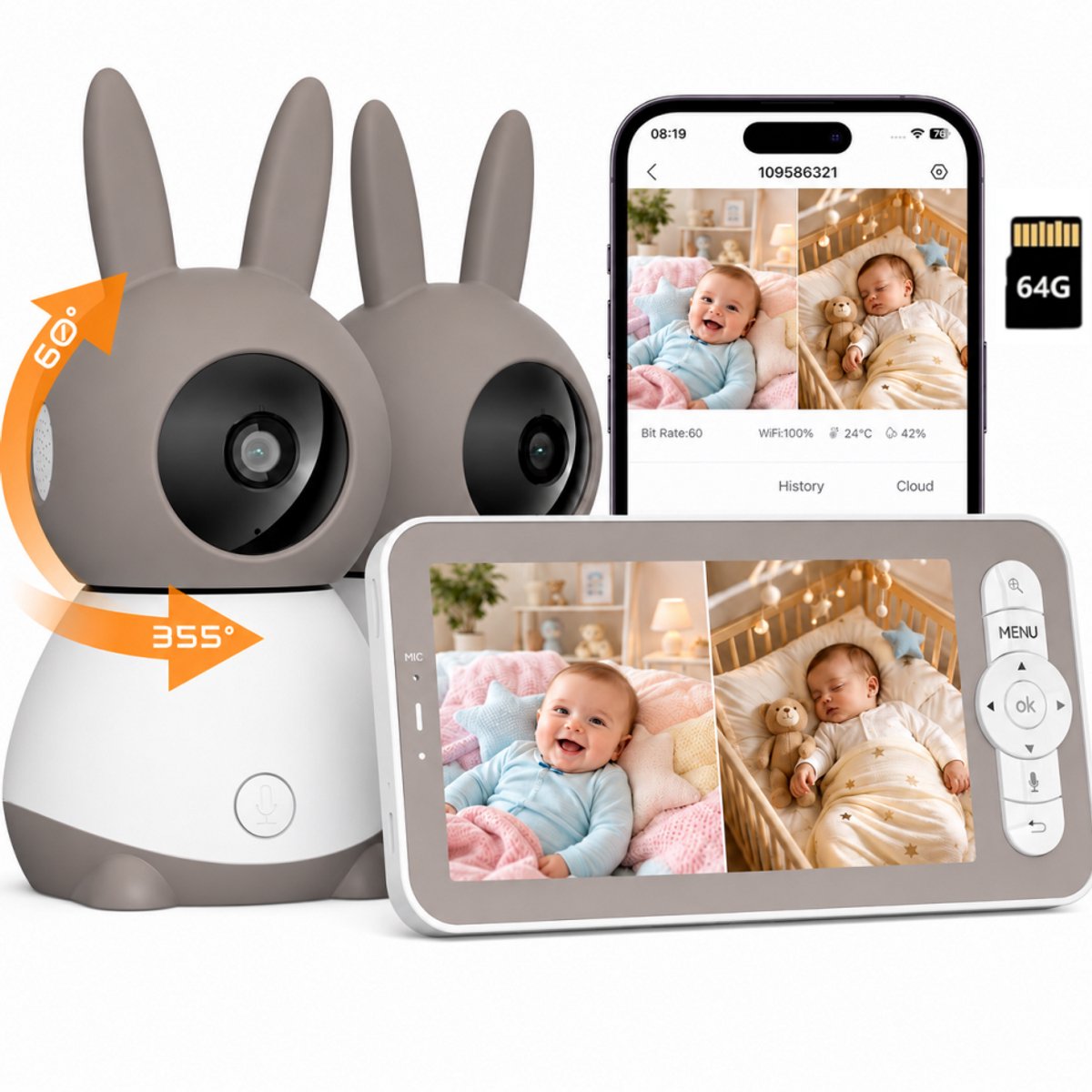 Wifi Babyfoon Met 2 Camera's - Baby Monitor - Babyfoon met 5 inch scherm - Ultra HD 2K Resolutie - Op Afstand Bestuurbaar - Slaapliedjes - Met 64GB TF-Kaart