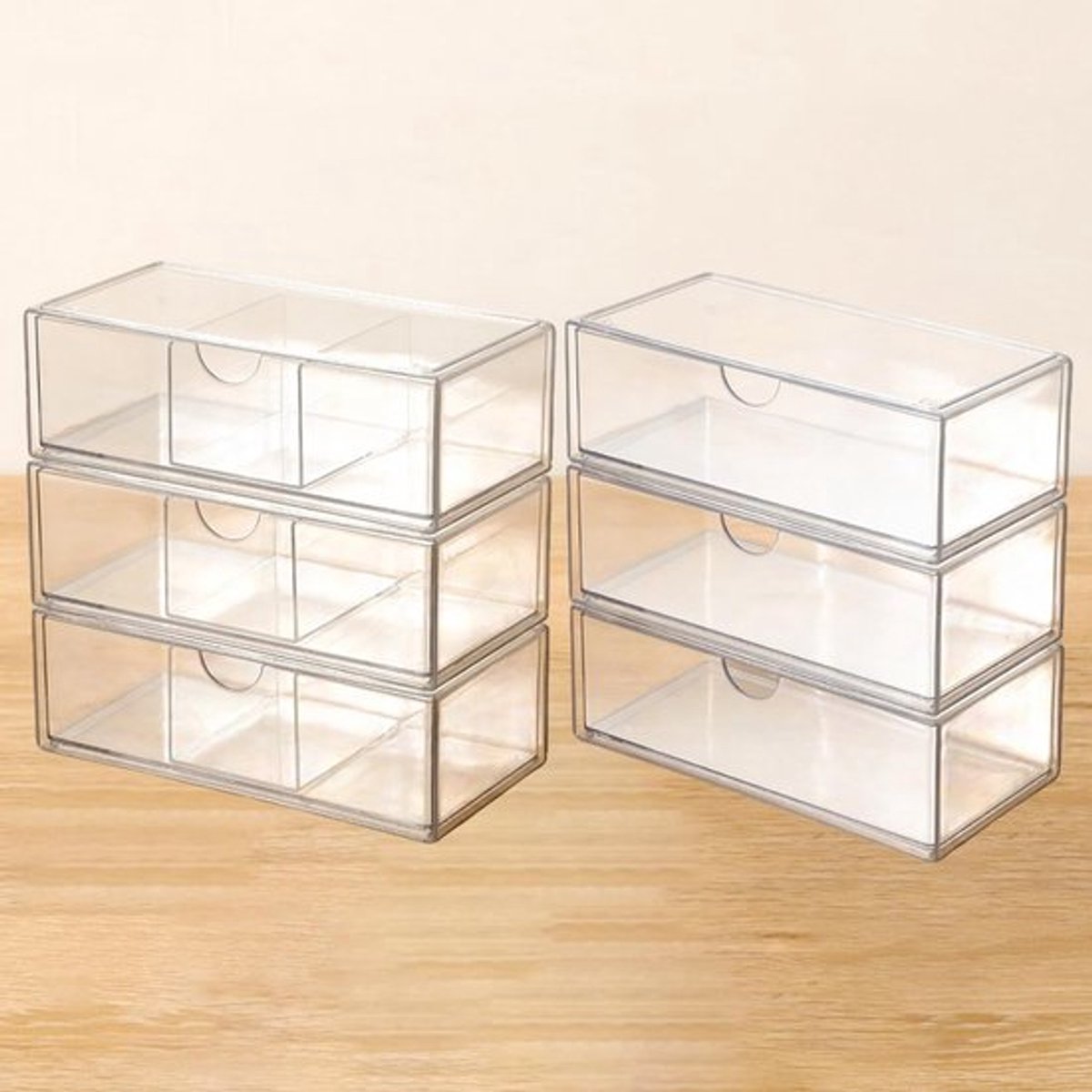 Set van 6 Transparante Ladeorganisers voor Badkamer en Make-up - Stapelbare Acrylopslag voor Lades 10 x 20.5 x 7 cm, Perfect voor Organiseren en Opslaan van Schoonheidsspullen