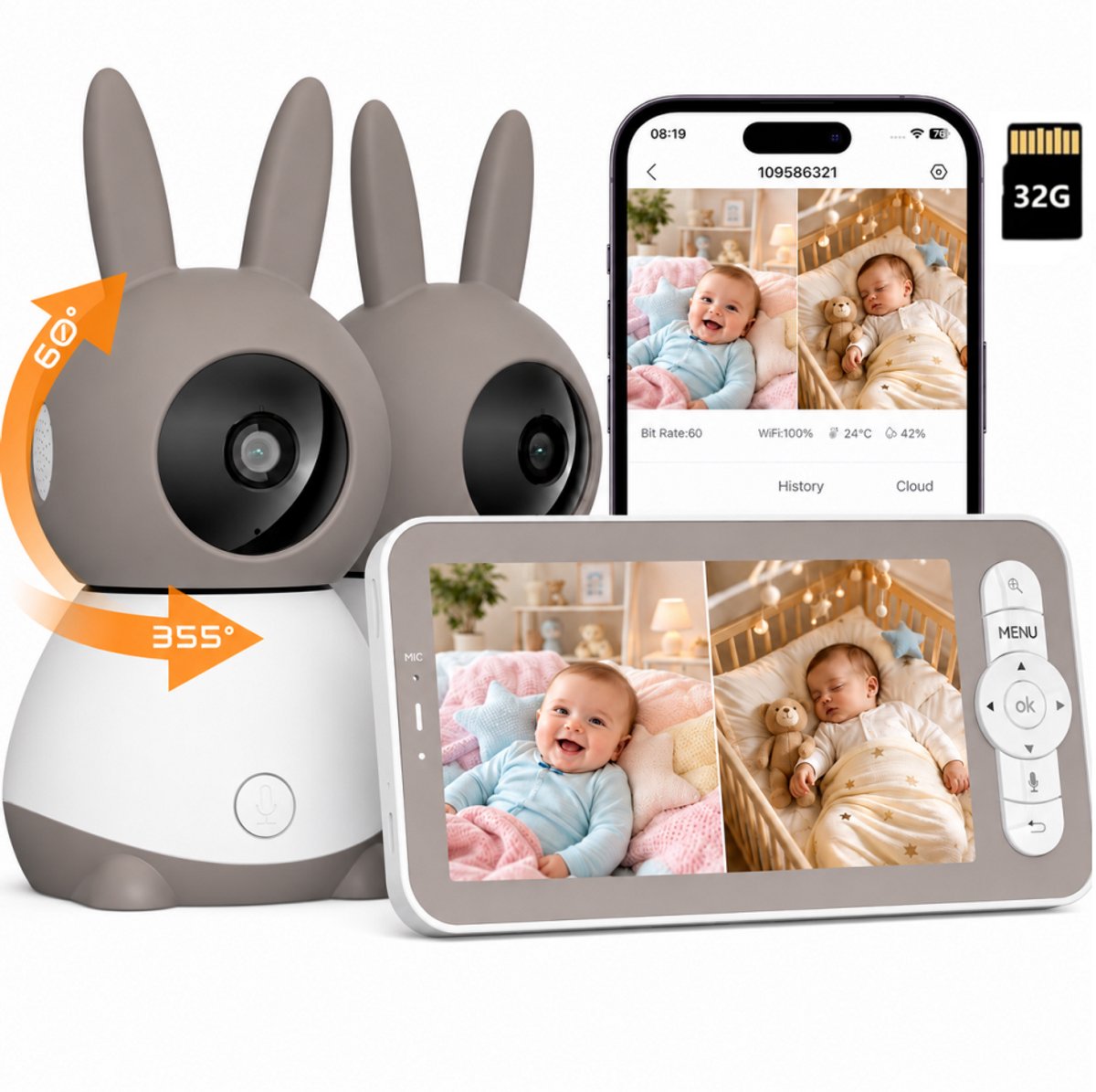 Wifi Babyfoon Met 2 Camera's - Baby Monitor - Babyfoon met 5 inch scherm - Ultra HD 2K Resolutie - Op Afstand Bestuurbaar - Slaapliedjes - Met 32GB TF-Kaart