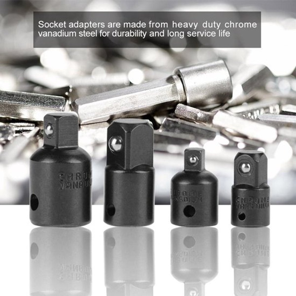 Socket-adapterset - 4-delige set voor verschillende maten - Chroom-vanadium staal - Reducer-set - Geschikt voor diverse klussen - 1/4, 3...