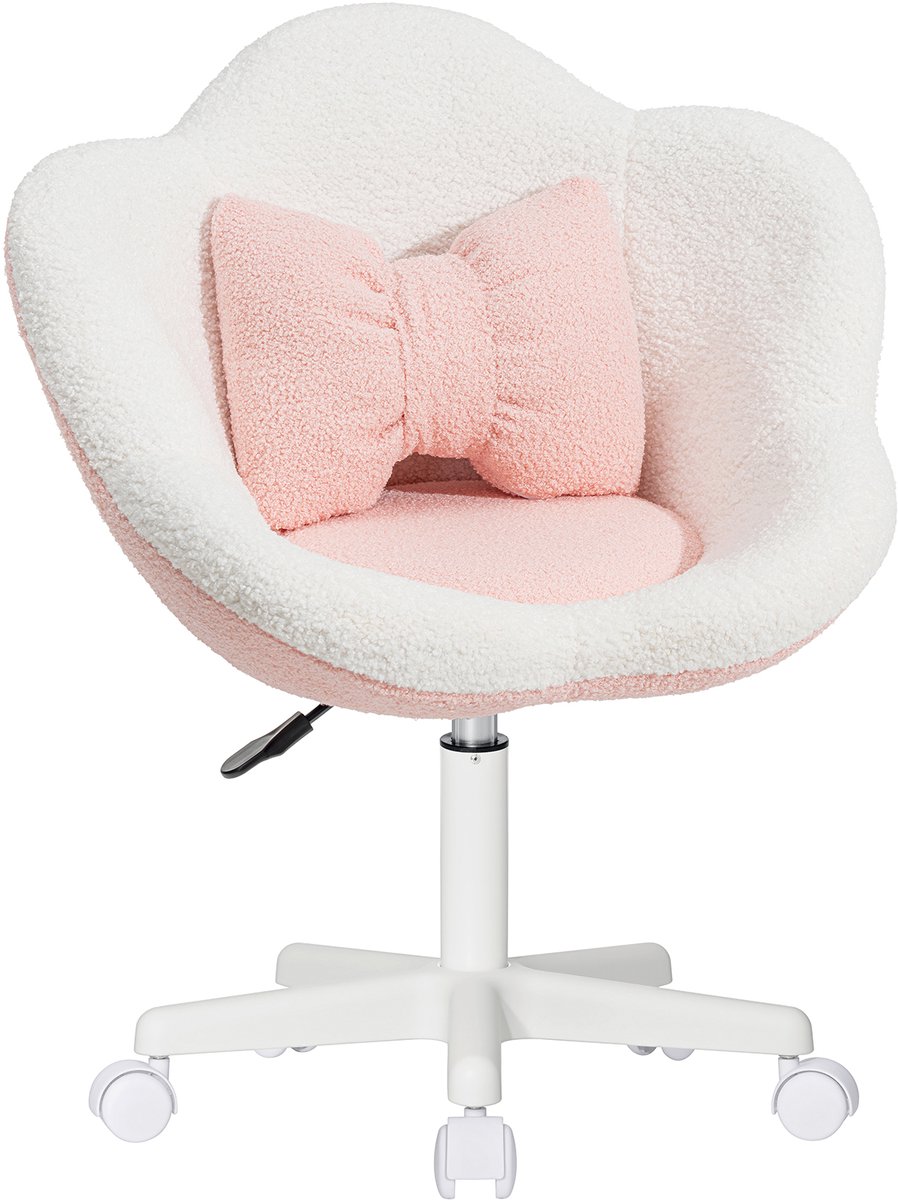 HOFFREE Kinder Bureaustoel Bloemvorm – Verstelbare Draaistoel voor Kinderen – Ergonomische Kinderstoel met Bouclé Bekleding en Lendenkussen – Roze/Wit