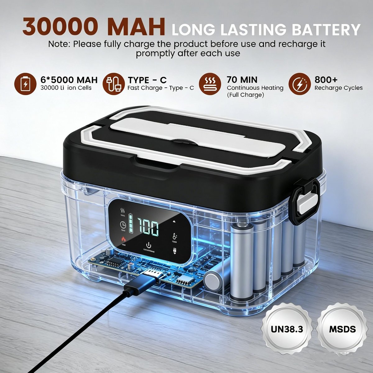 SnelShoppen - Elektrische Lunchbox met Accu 30.000 mAh, Draadloos, 100 W, Roestvrij Staal, 1,3 L - Verwarmde Broodtrommel met Timer en Temperatuurrege
