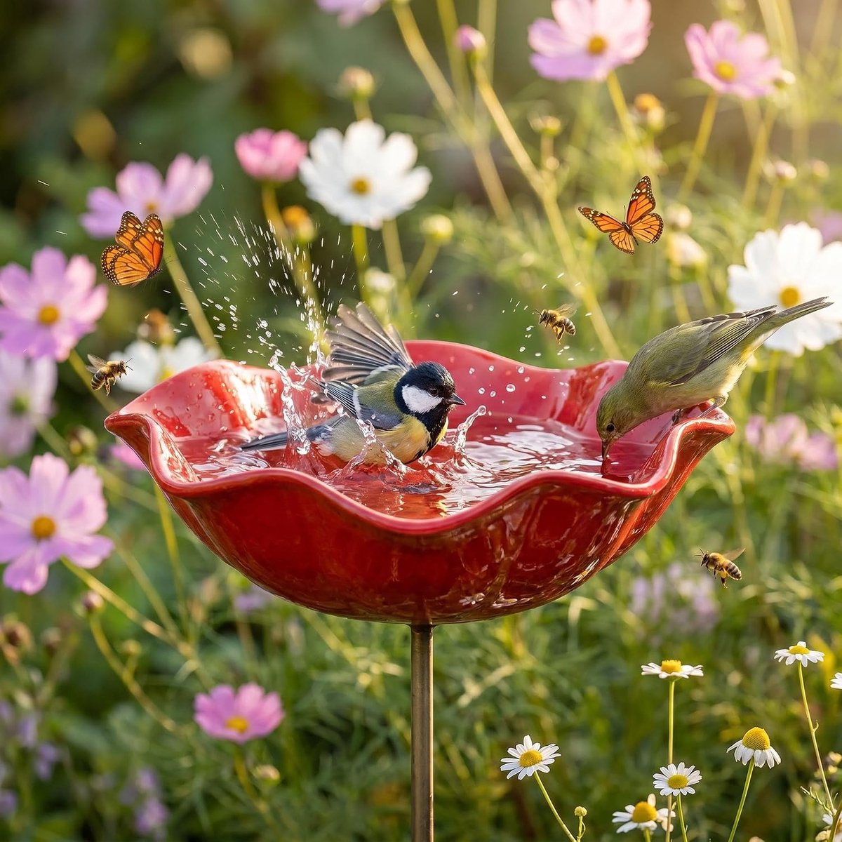 KZQ Metalen Bloem Tuinpaal - 1 Stuk - Met Vogeldrinkbak & Bijenwaterbak - Insectenhotel - Tuinaccessoires - Bloemontwerp - Voor Buiten Tuin Decoratie - Rood