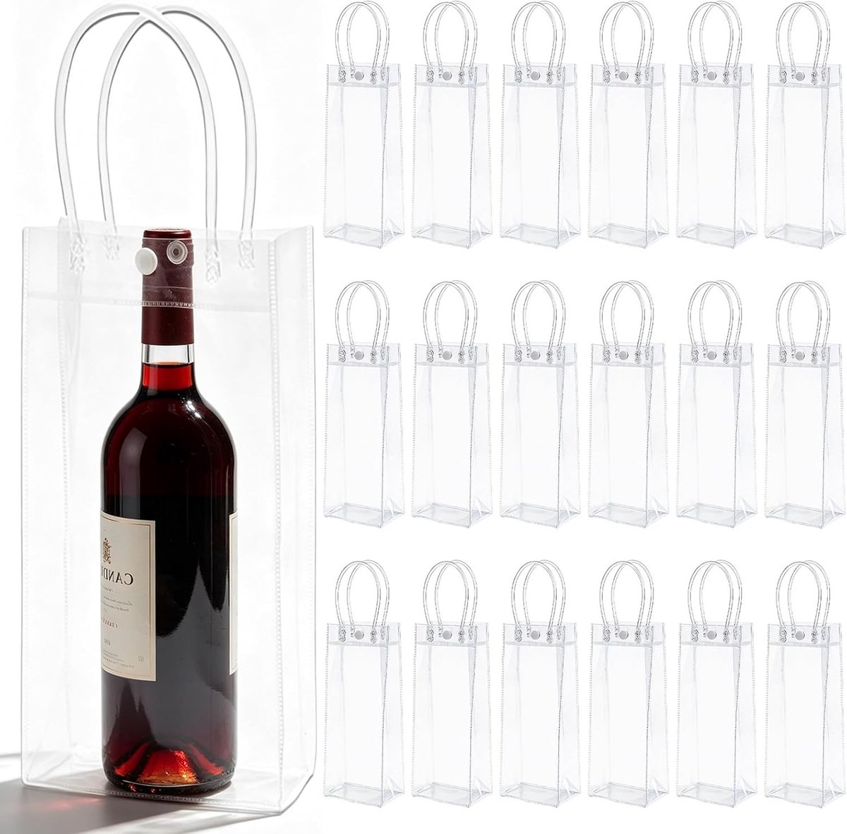 Transparante flessenkoelers 18 stuks, lekvrije ijszakken met handvat voor koud bier, wijn en dranken, ideaal voor party's en outdoor activiteiten, 25 x 10 x 10 cm