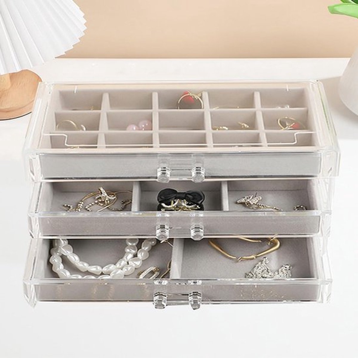 Sieraden Organizer met Acrylaat en Fluwelen Lades voor Oorbellen, Ringen en Kettingen - 3 Lades in Grijs