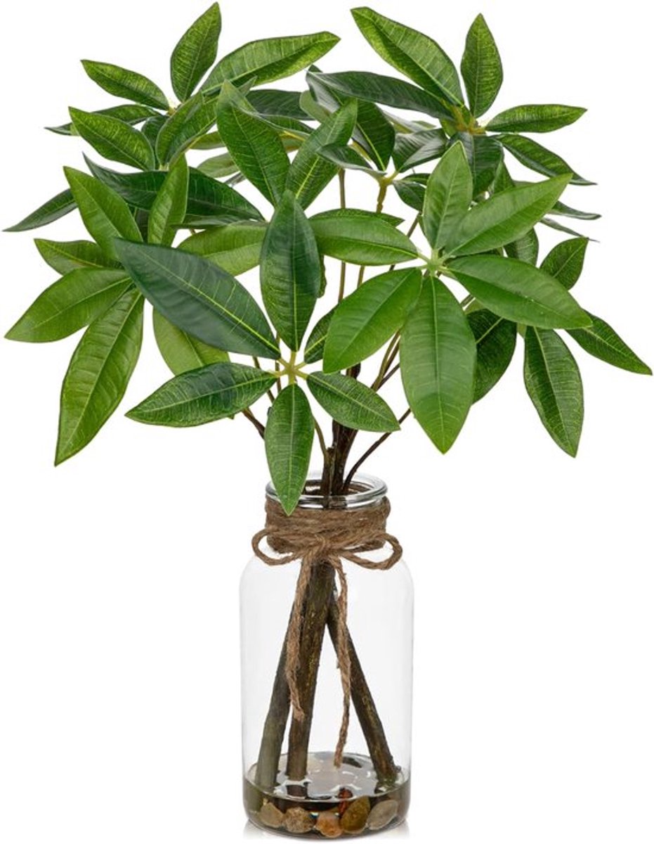 Nep groene takken in vaas - kunstmatige geldboomplant in glazen vaas met nepwater - nepbladeren takken arrangement centerpiece voor thuis - keuken - woonkamer - kantoor tafel decor