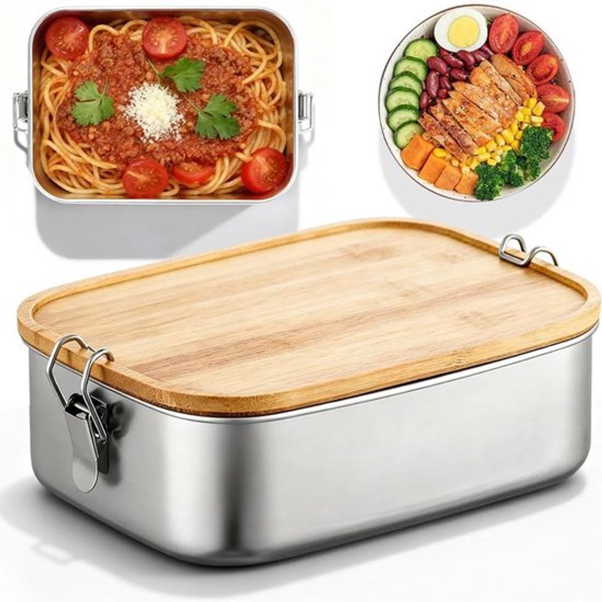 RVS broodtrommel van 1400 ml met bamboe deksel - Bento lunchbox voor volwassenen en kinderen - BPA-vrij - Plasticvrije snackbox voor onderweg