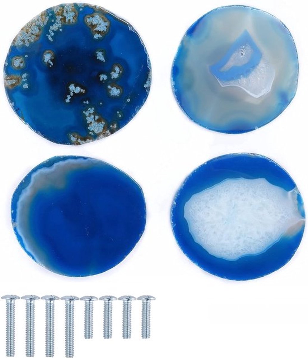 Set van 4 Natuurlijke Agaat Steen Knoppen voor Meubelhandgrepen - Decoratieve Ladehandvatten in Blauw met Schroeven