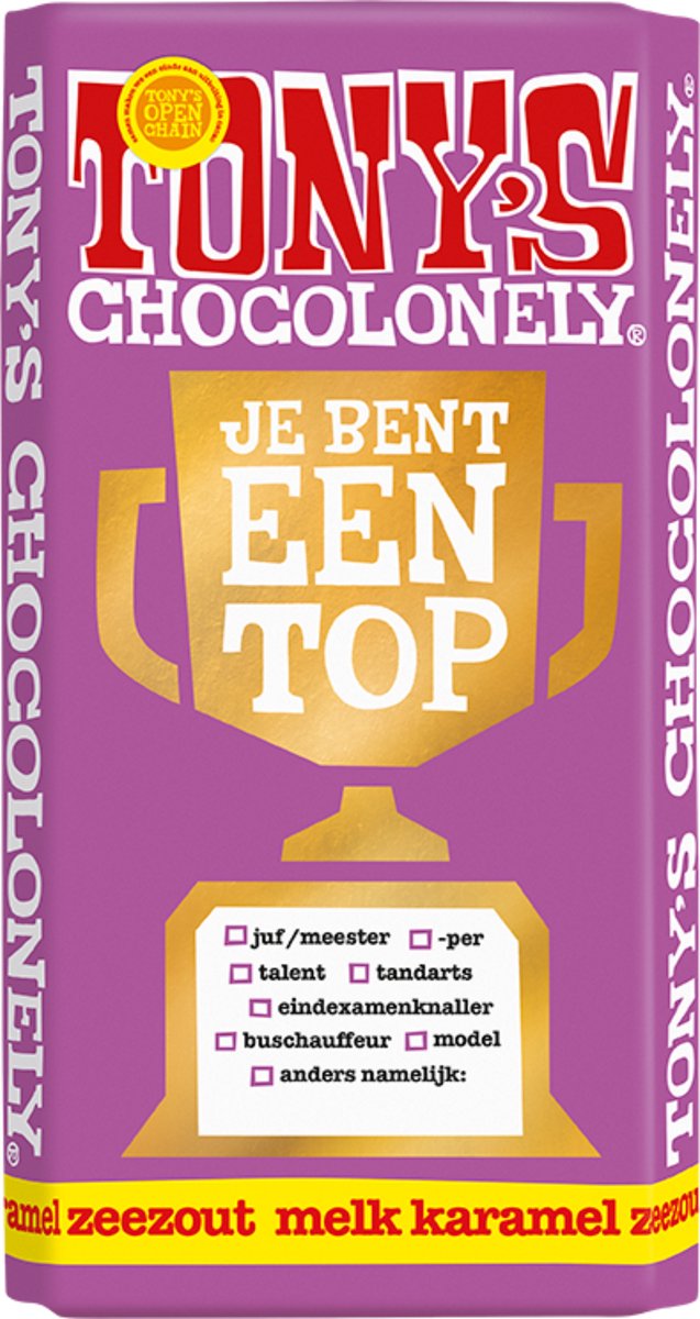 Tony's Chocolonely - Chocoladecadeau - Je bent een Topper Chocolade Reep - Melk Karamel Zeezout - Kado - 180 gram - Fairtraide Chocolade
