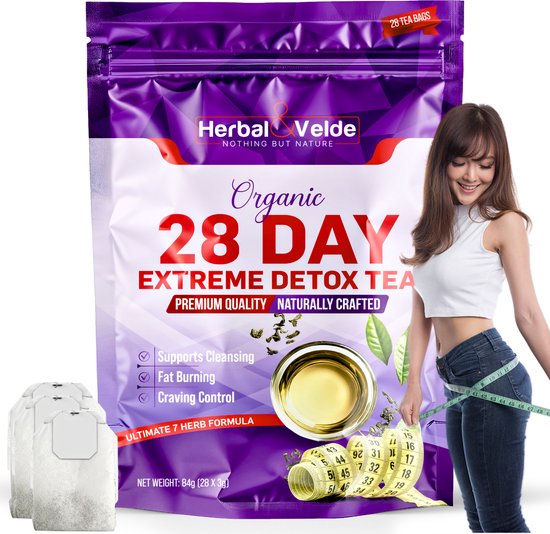 Paarse zak met Herbal Velde 28 DAY EXTREME DETOX TEA, met een vrouw die haar taille meet. "28 TEA BAGS" staat rechtsboven.