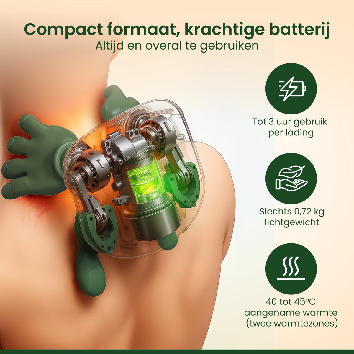 Fervere Premium 4D Nekmassage Apparaat - Bionische Massagehanden met Warmte - Draadloze Shiatsu Massager - LED Display - Voor Nek, Schouders, Rug, Armen & Benen - Donkergroen thumbnail 5