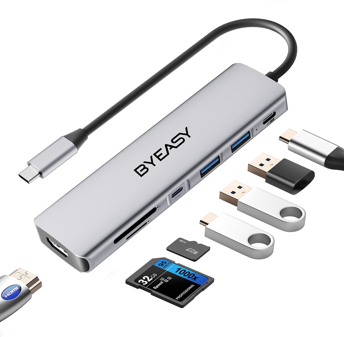 SnelShoppen - 7-in-1 USB C-hub met 4K HDMI, SD/TF-kaartlezer, 100W Power Delivery, Ultradunne USB-adapter voor Laptop en Type C-apparaten