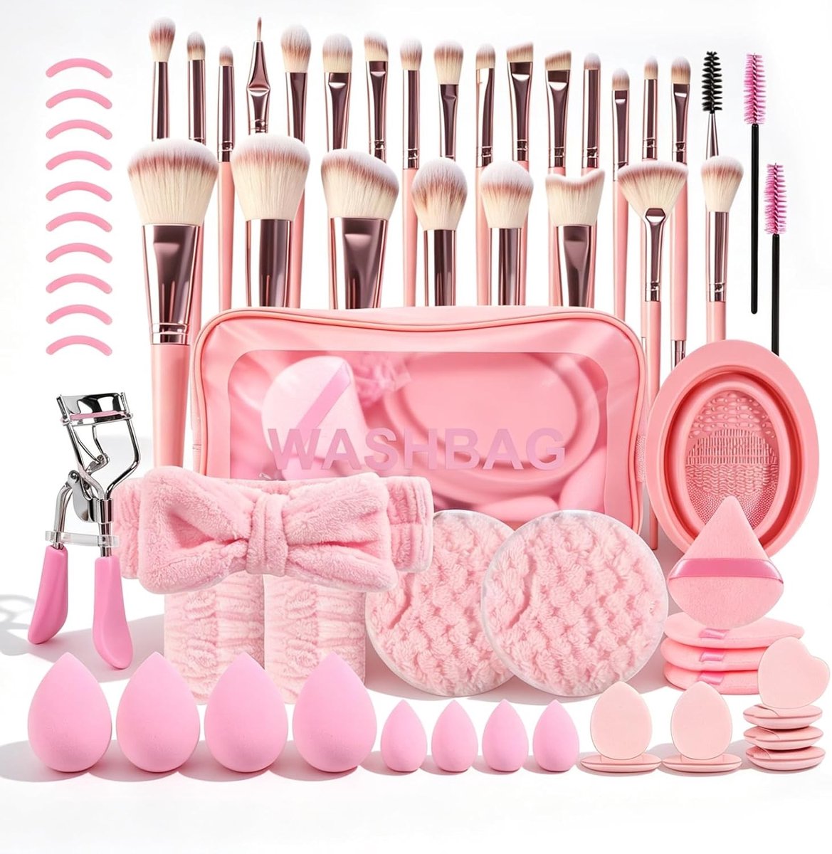 Professionele 65-delige make-upkwastenset met tas, ideaal voor ogen en gezicht, inclusief sponzen en accessoires, perfect voor reizen en make-up applicatie