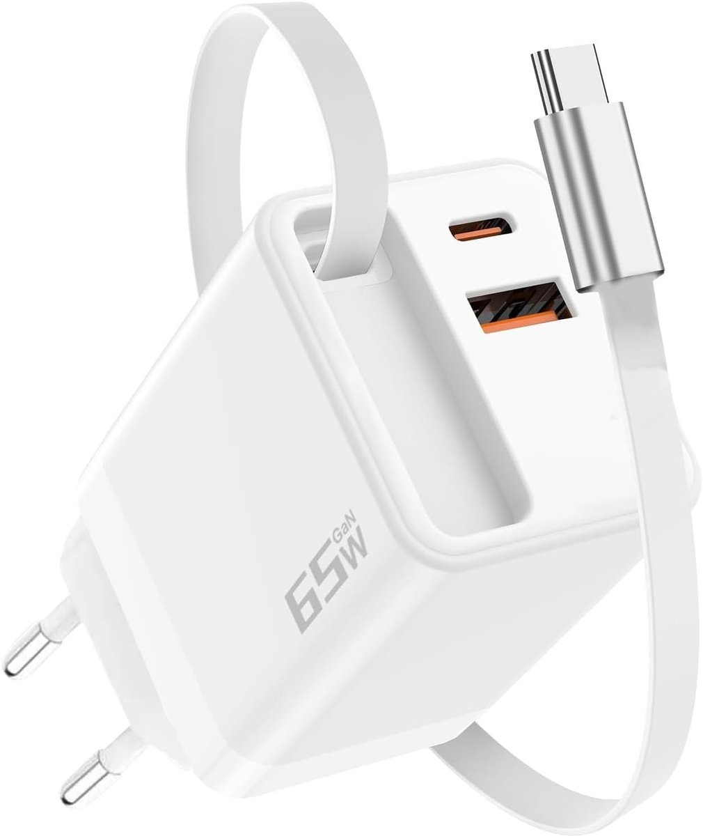 65W USB C Snellader met 3 Poorten en Inklapbare 67cm Kabel voor iPhone, MacBook en Samsung Tablets