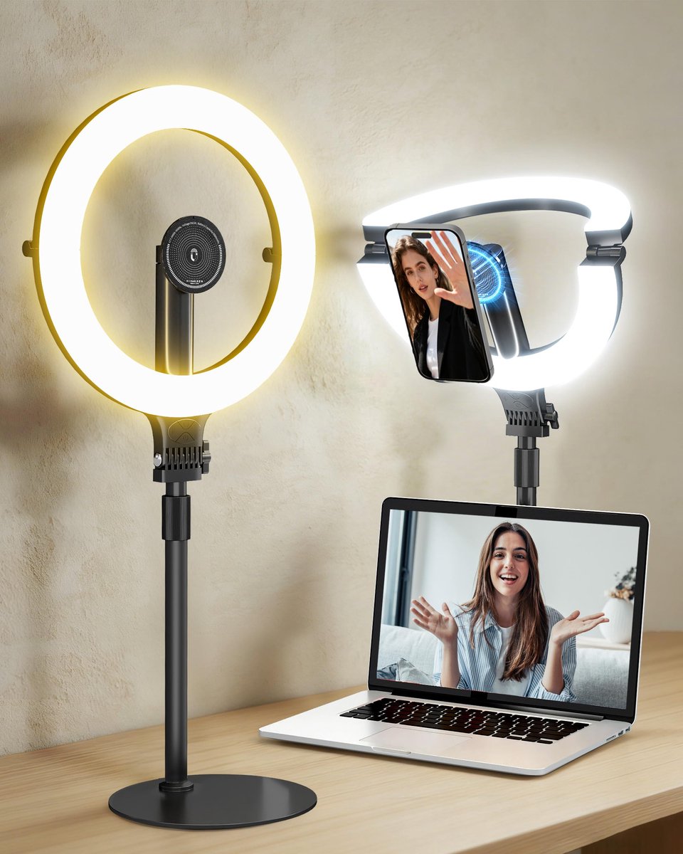 SnelShoppen - Ringlicht 25,4 cm met Standaard, 5000 mAh, Opvouwbaar, Desktop, Selfie, Magnetische Telefoonhouder, Videoconferentie, Halo-Licht voor Li