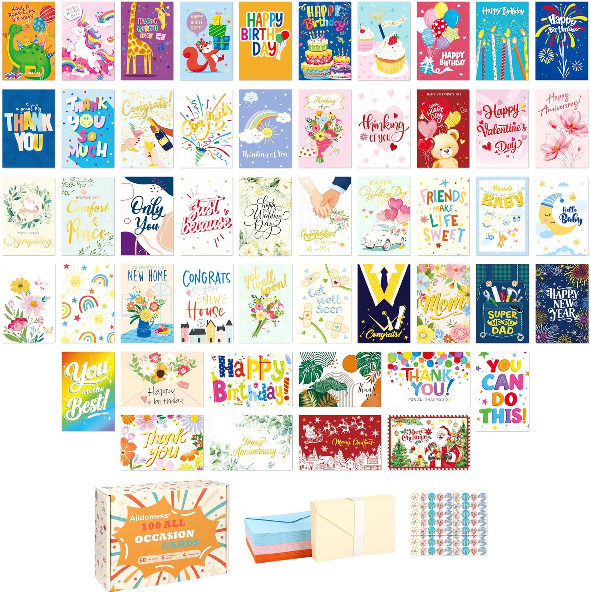 SnelShoppen - Wenskaarten in bulk met envelop 100 stuks, 50 unieke patronen voor verjaardag, bedankje, felicitaties, vakantie, met stickerzegels en do