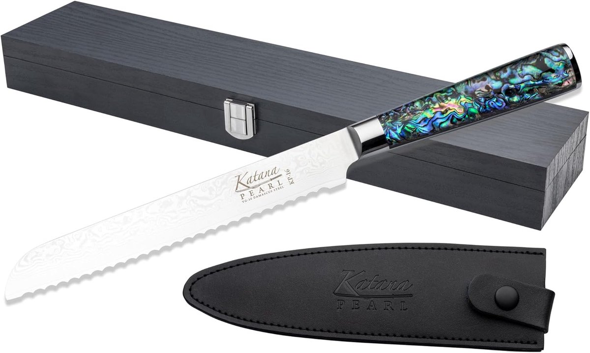 SnelShoppen - Katana Saya Pearl 20cm Broodmes - Hoogwaardige VG-10 Damascus Staal - Ultieme Scherpte & Taaiheid - Acryl Handvat met Abalone Patroon vo