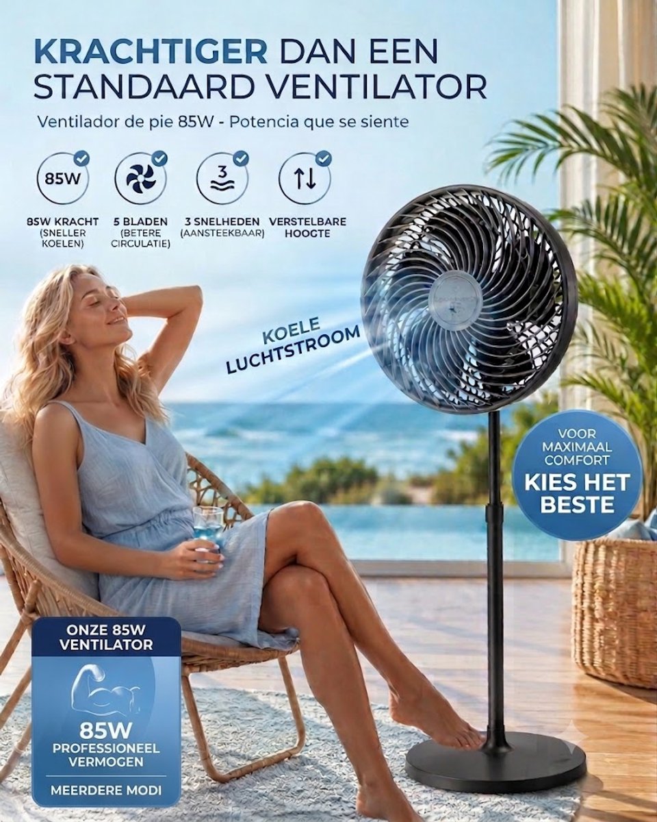 Bol.com Krachtige Statiefventilator - Tafelventilator - 25cm - 85W - 3 Snelheden - Oscillatiefunctie - Kantelbaar - Zwart aanbieding