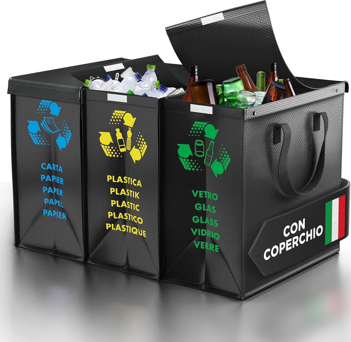 SnelShoppen - Prullenbak 3 vakken met deksel - Afvalscheidingssysteem voor papier, glas en plastic - Duurzame en herbruikbare recycling organizerzakke