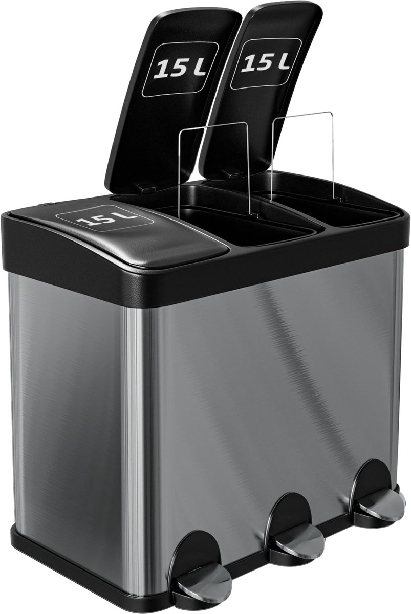 SnelShoppen - Drievoudige Pedaalemmer 45 Liter - Roestvrij Staal - 3 Compartimenten van 15 Liter - Keukenafvalbak - Zilver - 60 x 37 x 49 cm