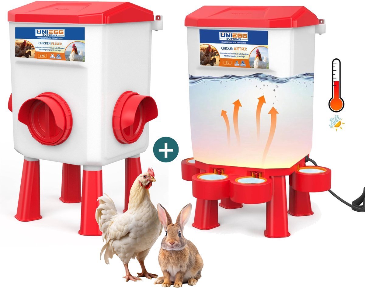 UniEgg® Feeder 8kg + Anti-vorst Drinker 7 Liter (Rood) - automatisch en innovatief inclusief ophangset en poten - drinkbak kip en ander pluimvee of gevogelte